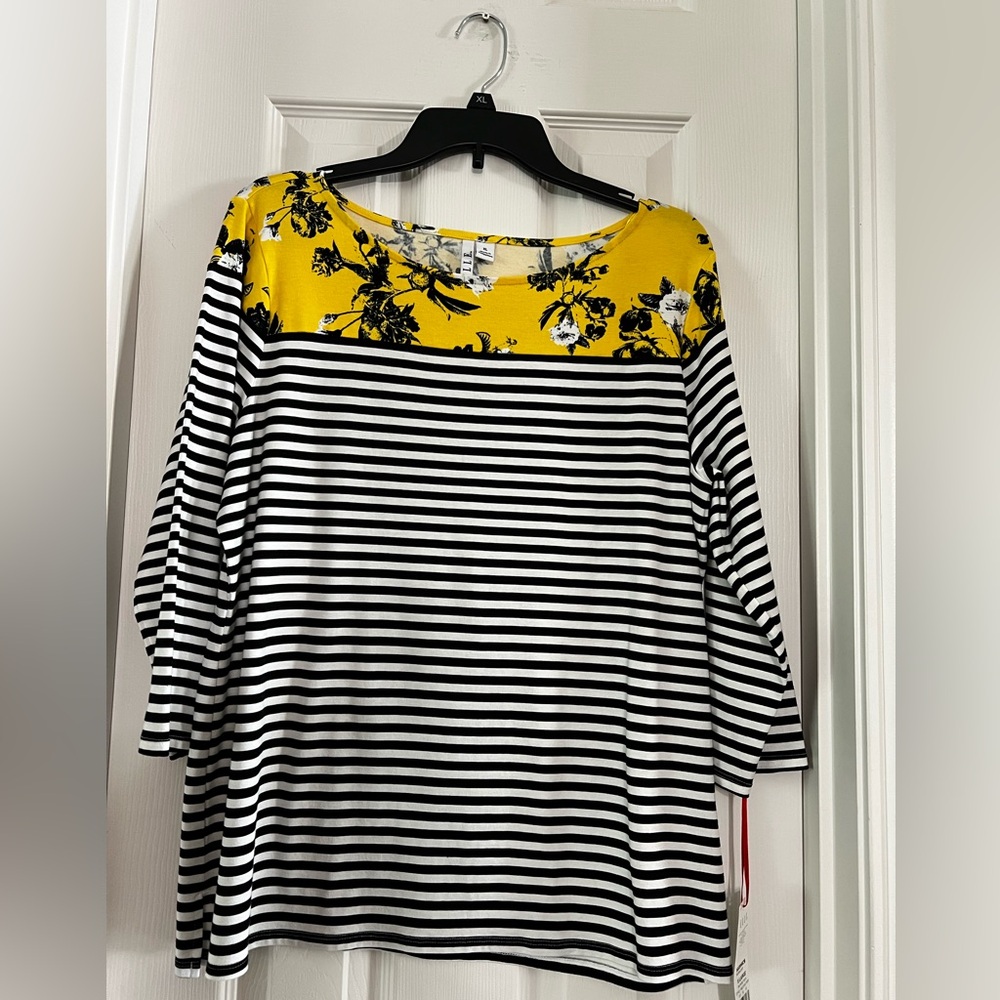 Elle, Black/White Stripes, & Yellow Floral Boat Neck 3/4 Sleeves Pullover.